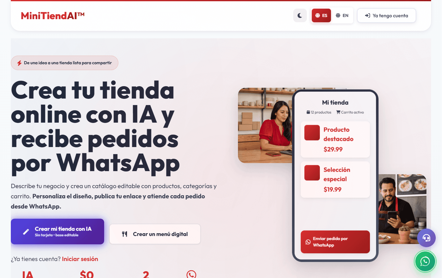 MiniTiendAI homepage with its online-store and WhatsApp-ordering message.