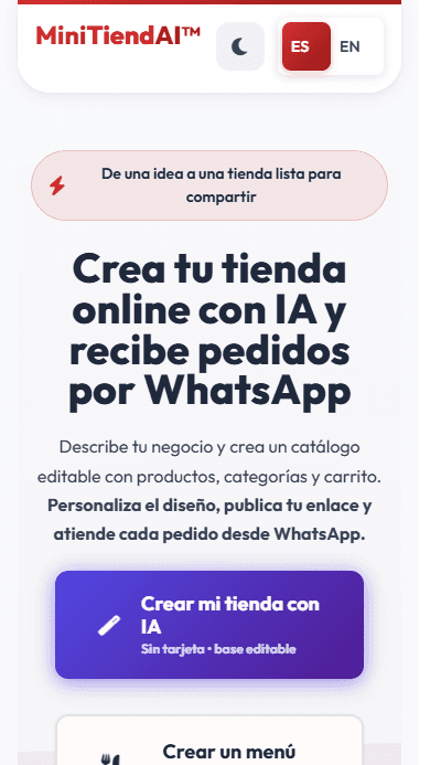 MiniTiendAI homepage explaining how small businesses can create an online store and receive WhatsApp orders.
