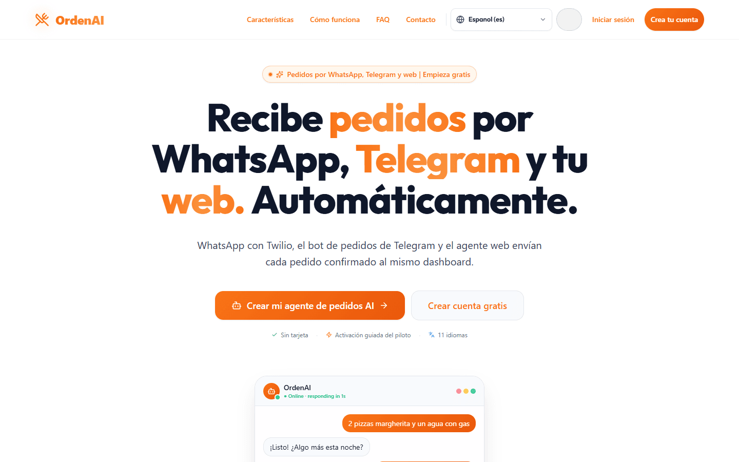 OrdenAI homepage with a restaurant order workflow across customer channels and operations.