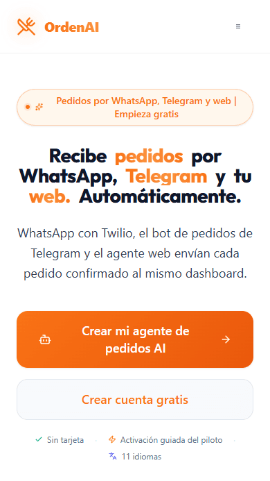 OrdenAI homepage showing a restaurant order workflow across customer channels and operations.