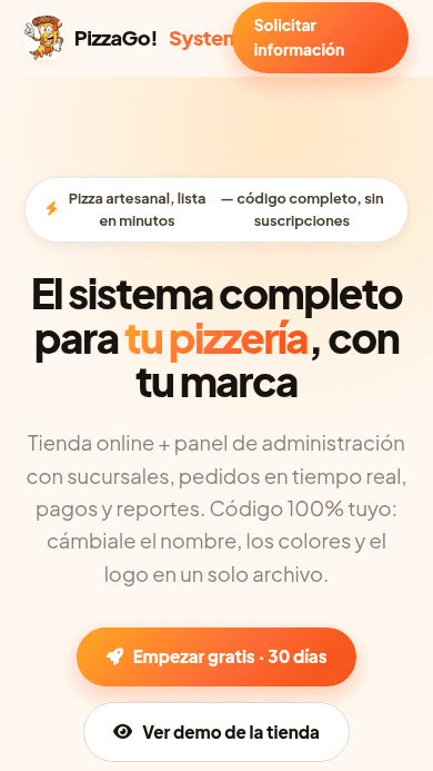 PizzaGo landing page with its pickup-ordering pitch, pricing rows, and an illustrated admin dashboard.