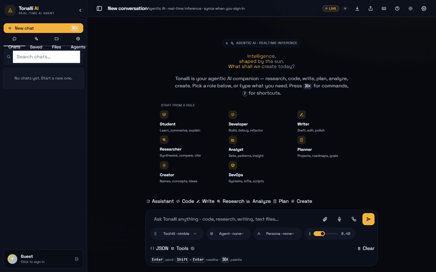 Tonalli AI guest workspace with model controls, a composer, tools, and artifacts.