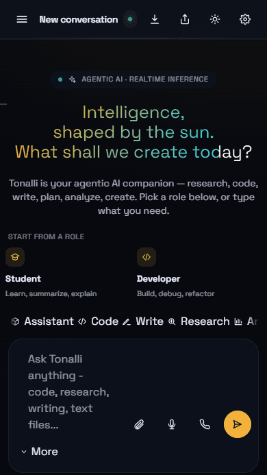 Tonalli AI guest workspace with model and mode controls, a conversation composer, tools, and artifacts navigation.