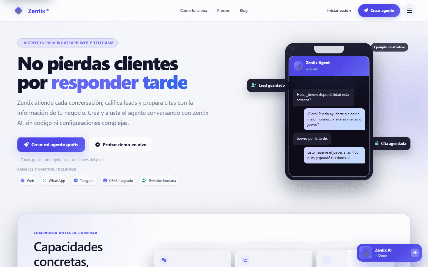 Zentix homepage with an AI-agent conversation and channel connections.