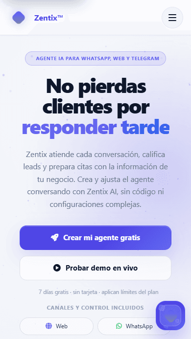 Zentix homepage showing an AI-agent conversation and Web, WhatsApp, Telegram, and CRM connections.